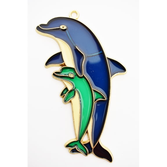 Jumping Dolphins Suncatcher - 5" - Brass Plated Metal Frame with Epoxy Resin Fill - Hook included