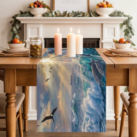 Jumping Dolphins Table Runner, Ocean Waves Sun Rays Sea Coastal Washable Cotton-linen Table Runners Dining Kitchen Decoration for Everyday Home Wedding Party Decor, 13 x 36 Inch