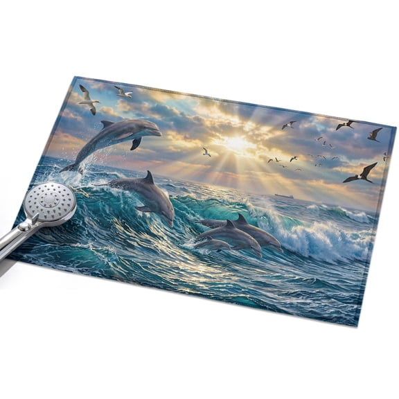 Jumping Dolphins Washable Area Rug 2 x 3 ft Ocean Waves Sun Rays Sea Coastal Soft Non Slip Rugs Stain Repellent Indoor Felt Carpet for Living Dining Room Bedroom Home Office