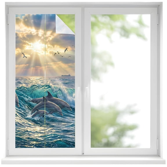 Jumping Dolphins Window Privacy Film, Ocean Waves Sun Rays Sea Coastal Frosted Glass Window Clings Static Cling UV Heat Blocking Reusable Door Sticker for Bathroom 17.7 x 39.3 Inch