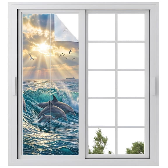 Jumping Dolphins Window Privacy Film, Ocean Waves Sun Rays Sea Coastal Frosted Glass Window Clings Static Cling UV Heat Blocking Reusable Door Sticker for Bathroom 23.6 x 59 Inch