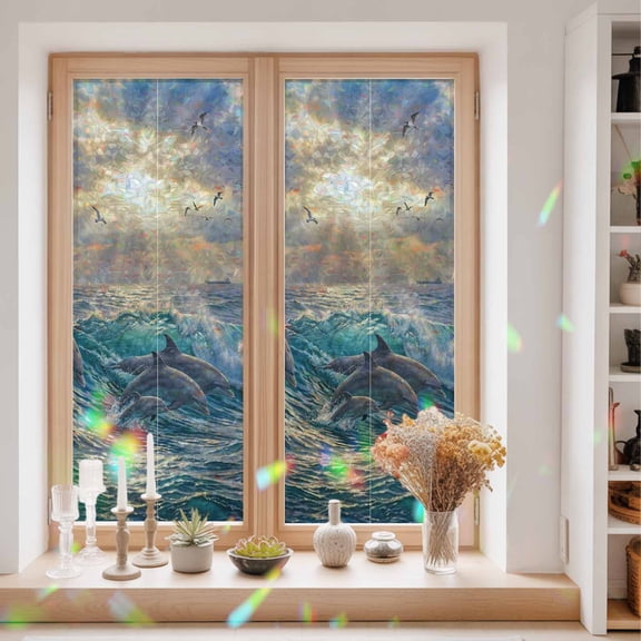 Jumping Dolphins Window Privacy Film Ocean Waves Sun Rays Sea Coastal Static Cling Stained Glass Window Film Non-Adhesive Decorative Decals Rainbow Sticker 23.6"X59"