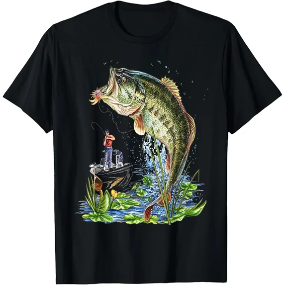 Jumping Largemouth Bass Fishing Gift for Fisherman Men Graphic Short Sleeve T-Shirt
