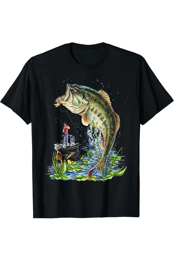 Jumping Largemouth Bass Fishing Gift for Fisherman Men Graphic Short Sleeve T-Shirt