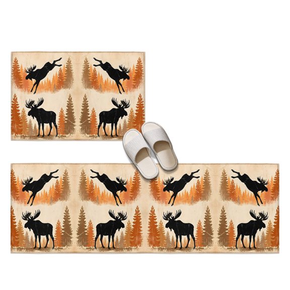 Jumping Moose 2 Pieces Non-Slip Kitchen Mat Set, Forest Animal Silhouette Rustic Soft Door Mat with Rubber Backing, Dirtproof Rugs for Entrance Doorway, 23.6x35.4in+23.6x70.9in
