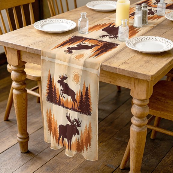 Jumping Moose 4.5ft Cheesecloth Table Runner for Wedding 19"x55", Sun Animal Pine Forest Brown Rustic Kitchen Dinner Sheer Tulle Chiffon Dresser Scarf, Holiday Party Decorations