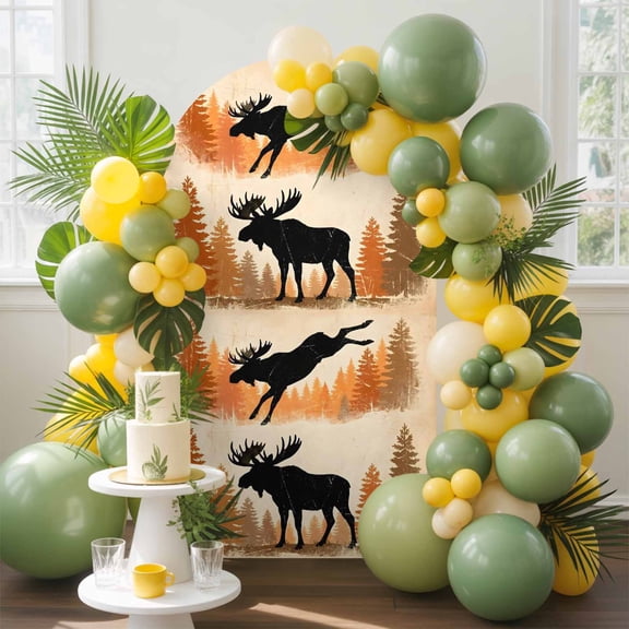Jumping Moose Arch Backdrop Cover, 4FT, Forest Animal Silhouette Rustic Spandex Arch Covers Double-Sided Backdrop for Wedding Birthday Party Photo Background Decoration