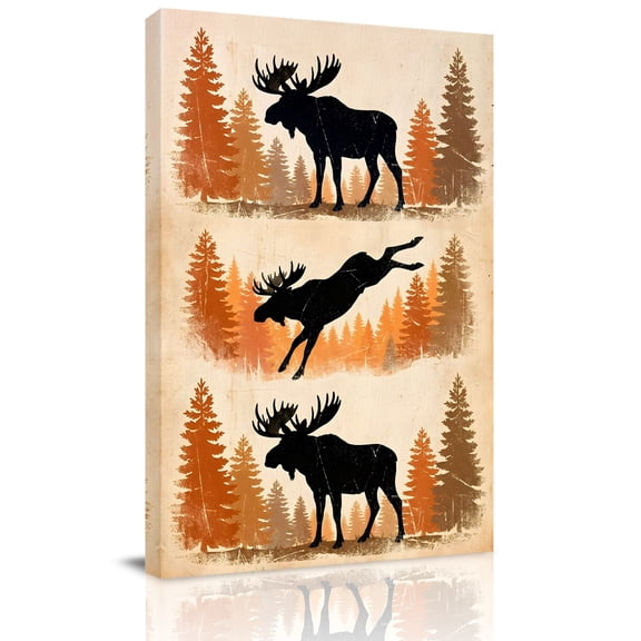 Jumping Moose Canvas Wall Art for Living Room, Forest Animal Silhouette Rustic Poster Print Painting for Bedroom Office Home Decoration Wall Pictures Prepare To Hang 16"x24"