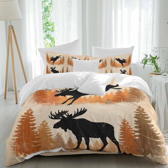 Jumping Moose Comforter Set Queen Size, Forest Animal Silhouette Rustic Soft Bedding Set for Man Woman, 4 Pieces Duvet Cover Set with Fitted Sheet, 2 Pillowcases