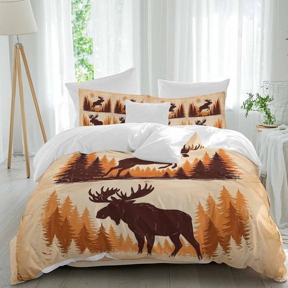 Jumping Moose Comforter Set Twin Size, Sun Animal Pine Forest Brown Rustic Soft Bedding Set for Man Woman, 4 Pieces Duvet Cover Set with Fitted Sheet, 2 Pillowcases