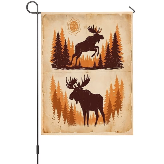 Jumping Moose Garden Flag 12 x 18 Inches, Sun Animal Pine Forest Brown Rustic Weather Proof Outdoor Patio Flags Double Sided Small Garden Decoration for Yard Outside Home