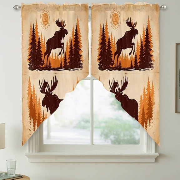 Jumping Moose Swag Kitchen Curtain Valances, Sun Animal Pine Forest Brown Rustic Rod Pocket Curtains Window Treatment Decor Valances for Bedroom Bathroom, 2 Panels 36 x 36 Inch