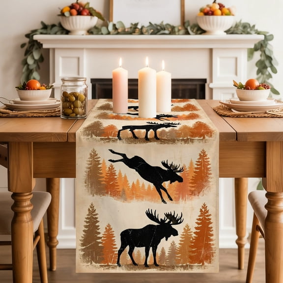 Jumping Moose Table Runner, Forest Animal Silhouette Rustic Washable Cotton-linen Table Runners Dining Kitchen Decoration for Everyday Home Wedding Party Decor, 18 x72 Inch
