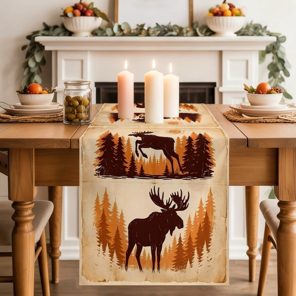 Jumping Moose Table Runner, Sun Animal Pine Forest Brown Rustic Washable Cotton-linen Table Runners Dining Kitchen Decoration for Everyday Home Wedding Party Decor, 18 x72 Inch