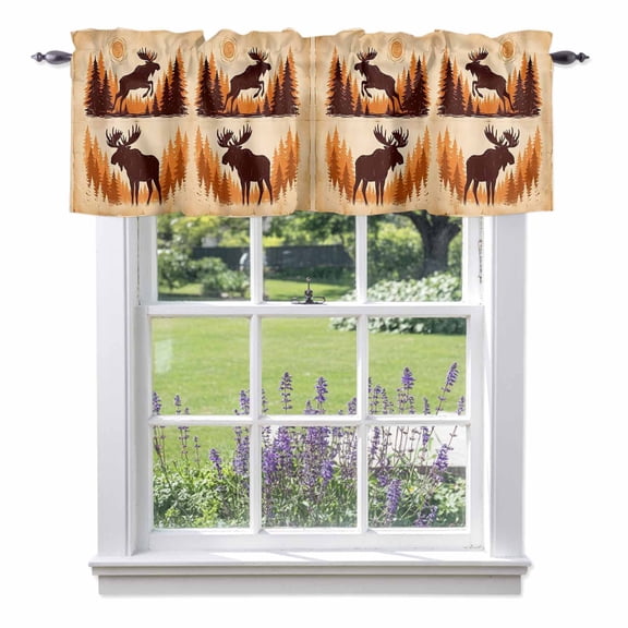 Jumping Moose Valances for Windows, Sun Animal Pine Forest Brown Rustic Rod Pocket Valance Short Window Treatments Curtains for Kitchen Bathroom Bedroom Decor, 42 x 18 Inches