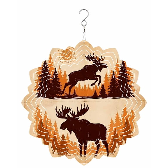 Jumping Moose Wind Spinner for Garden Yard 8In, Sun Animal Pine Forest Brown Rustic 3D Stainless Steel Kinetic Hanging Wind Spinners Rustproof Outdoor Decor for Lawn Patio Home