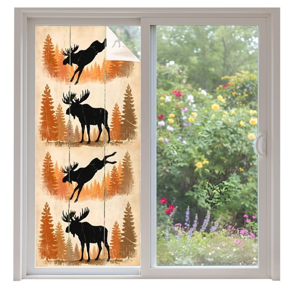 Jumping Moose Window Privacy Film Forest Animal Silhouette Rustic Decorative Glass Window Film UV Blocking Static Cling Non-Adhesive Sticker Covering for Home Door 35.4x78.7 inches