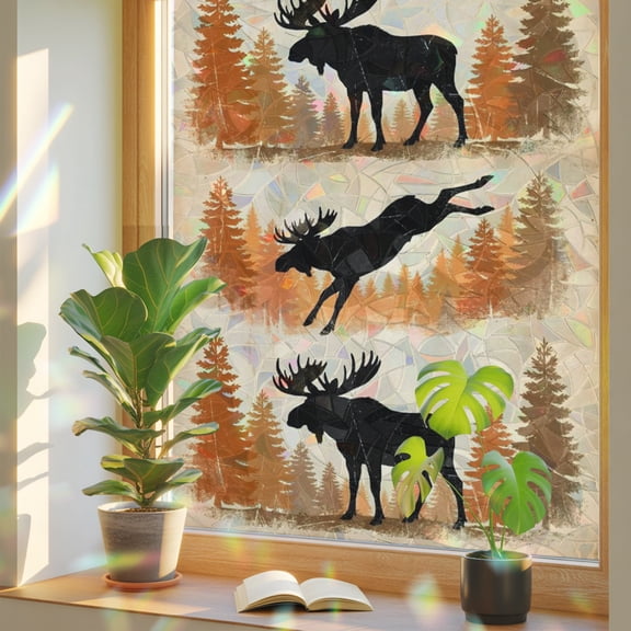 Jumping Moose Window Privacy Film, Forest Animal Silhouette Rustic Stained Glass Rainbow Film Decorative Window Clings, Static Cling Sun Blocking Stickers 23.6" x 59"