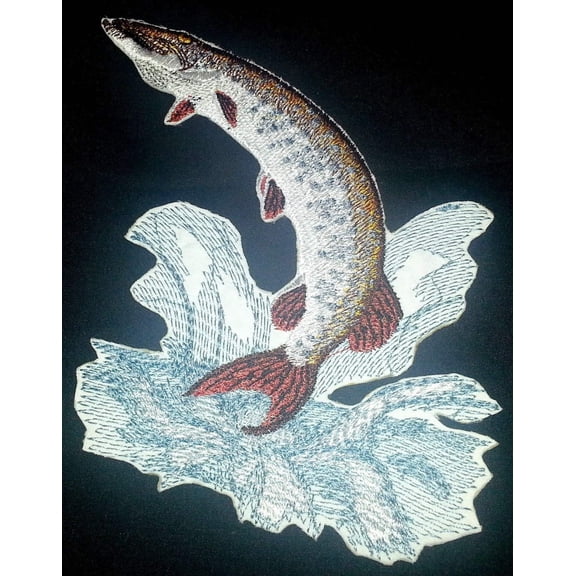 Jumping Muskie Embroidered Iron On/Sew Patch 5.3" x5.5"