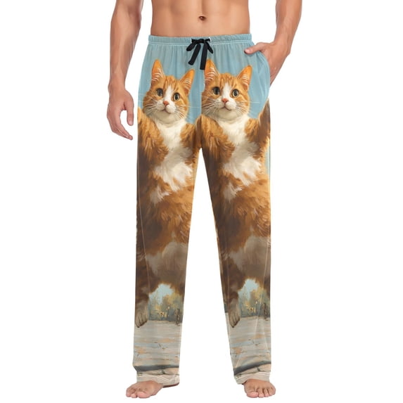 Jumping Orange Cat Mens Cotton Pajama Pant Sleep and Lounge Bottons with Pockets