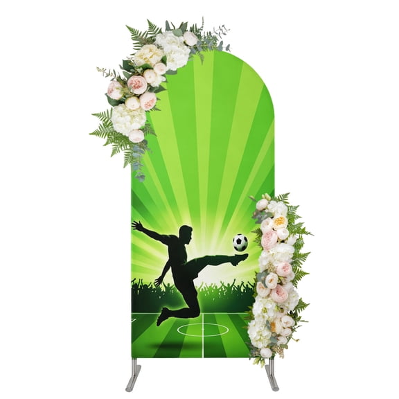 Jumping Player Arch Backdrop Cover 4FT, Football Green Field Energetic Green Spandex Fitted Stretchy Arch Stand Covers, Round Top Chiara Backdrop Cover for Wedding Party Birthday Baby Shower