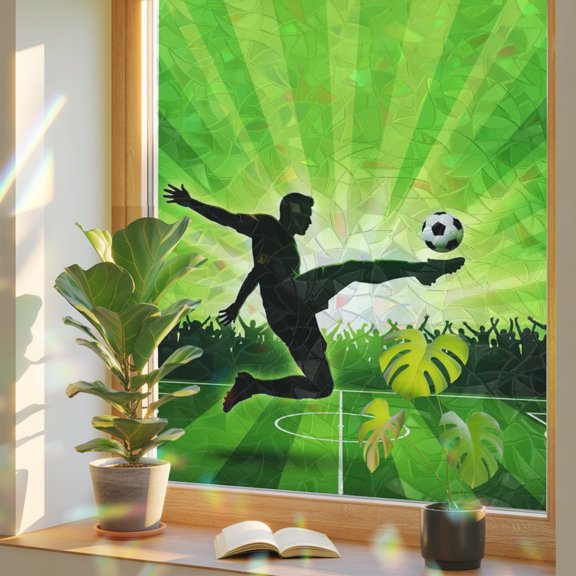 Jumping Player Window Privacy Film Rainbow Static Cling Stain Glass Window Film for Glass Door, Decorative Blocking Sunroof Decal Sticker for Car Home 29.5"x118" Football Green Field Energetic Green
