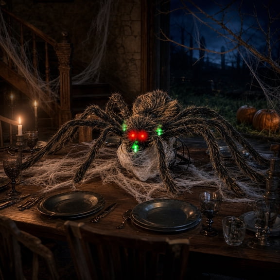 Jumping Scary Spider Halloween Prop Animated Pops Up Furry Toy with Glowing Eyes Spooky Sounds Motion-Activated Prank Decor for Porch Party Display