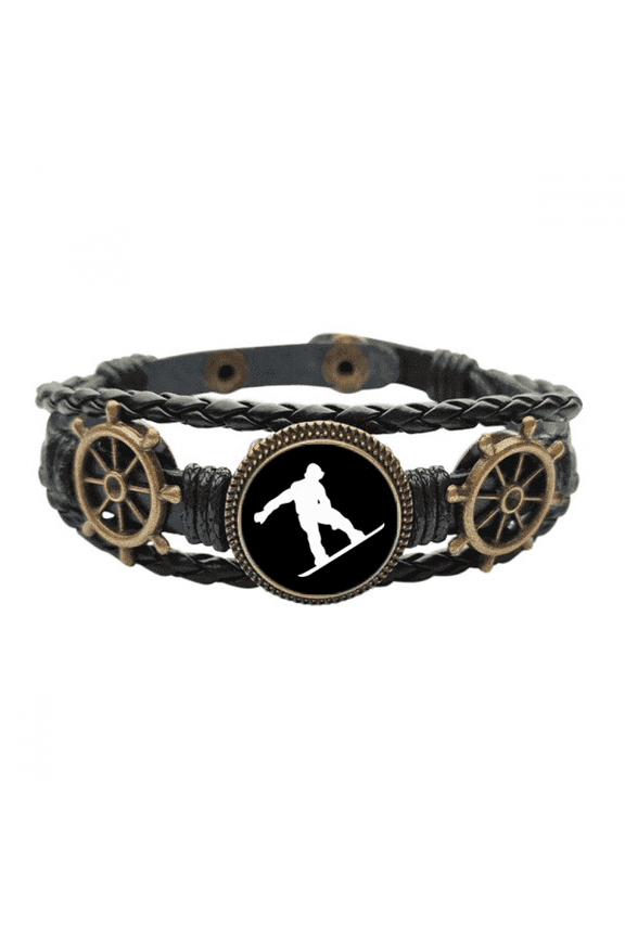 Jumping Skateboarding Sport Black Outline Leather Braided Ocean Bracelet Wristband