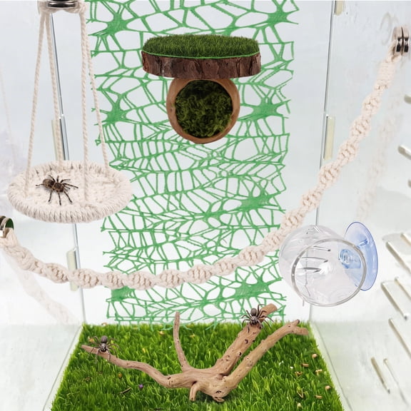 ZALALOVA 7 Pcs Jumping Spider Hide Accessories Set, Spiders Hideout Climbing Platform, Natural Cotton Rope Bridge Swings with Magnets for Small Reptile Enclosure Decorations