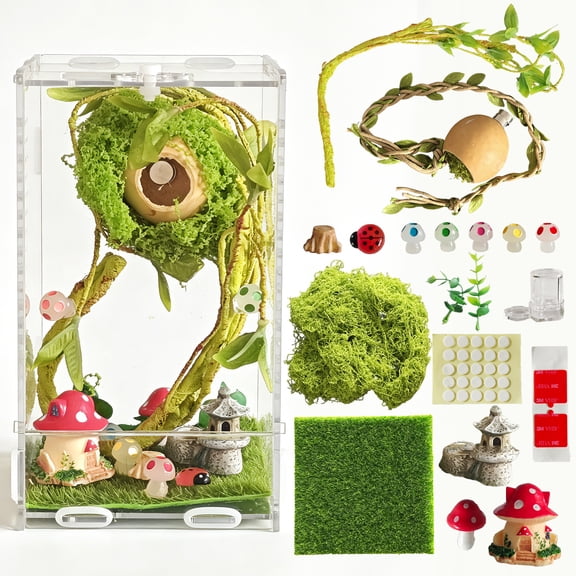 Jumping Spider Enclosure Kit,Small Reptile Terratium Glass House Accessories Set,Transparent Acrylic Insect Habitat,Snail Cage,Reptile Tank,Bug Habitat 4.33"*4.13"*7.87"