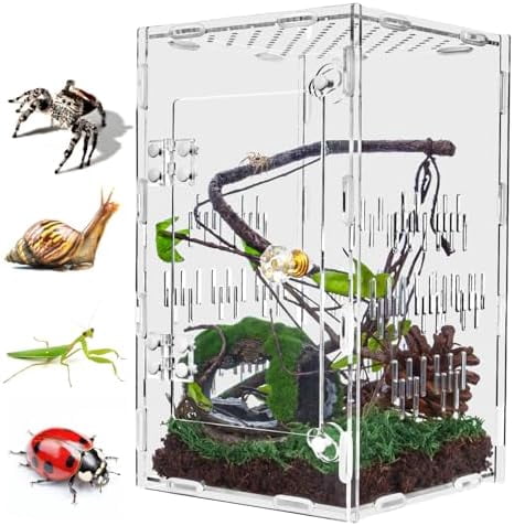 Jumping Spider Enclosure,Large Acrylic Praying Mantis Habitat, 10"*6"*6"Ventilated Insect Terrarium Cage with Front Opening Door for Small Retiles - Arboreal Tarantula,Snails,Bug,Lizard