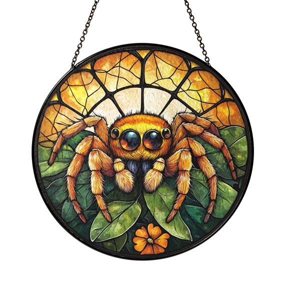 Jumping Spider Faux Stained Glass Suncatcher, Whimsical Nature Window Hanging Decor with Playful Boho Style