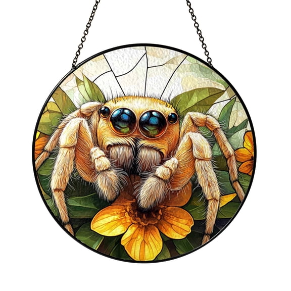 Jumping Spider Stained Glass Style Suncatcher Window Hanging Decor, Cute Spider Glass Art Panel for Window Decoration Gift Idea for Spider Lovers