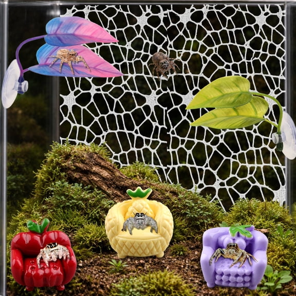 Jumping Spider Terrarium Enclosure Decor Kit, Climbing Web with 3 Fruit Chairs and 2 Leaf Ledges, Mini Enclosure Climbing Accessories Decorations for Jumping Spider Terrarium