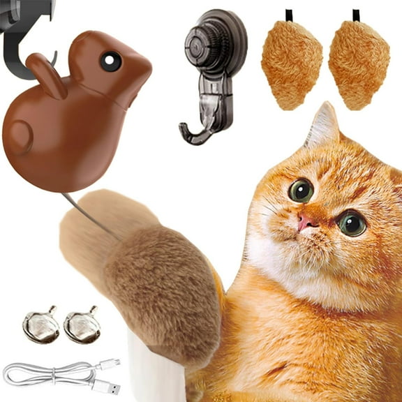 Jumping Squirrel Cat Toy, Rechargeable with Bell and Hook, Automatic Teasing for Self-Play, Ideal for Holiday Fun and Gifts-Brown