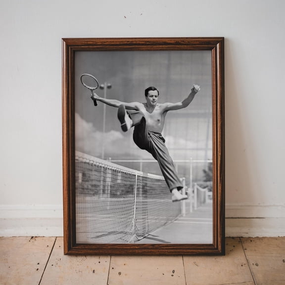 Jumping Over Tennis Net, Vintage Tennis Photo, Vintage Sports Image, Sports Lover Gift, Pro Shop Decor, Old Photo Print, #2760, Unframed Poster Size 8x12