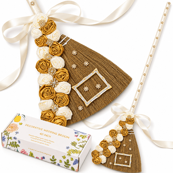 Jumping The Broom - 40 Inch Handmade Wedding With Corn Roses & Crystals Diy Kit Forn Ceremony (white Gift Box Included)