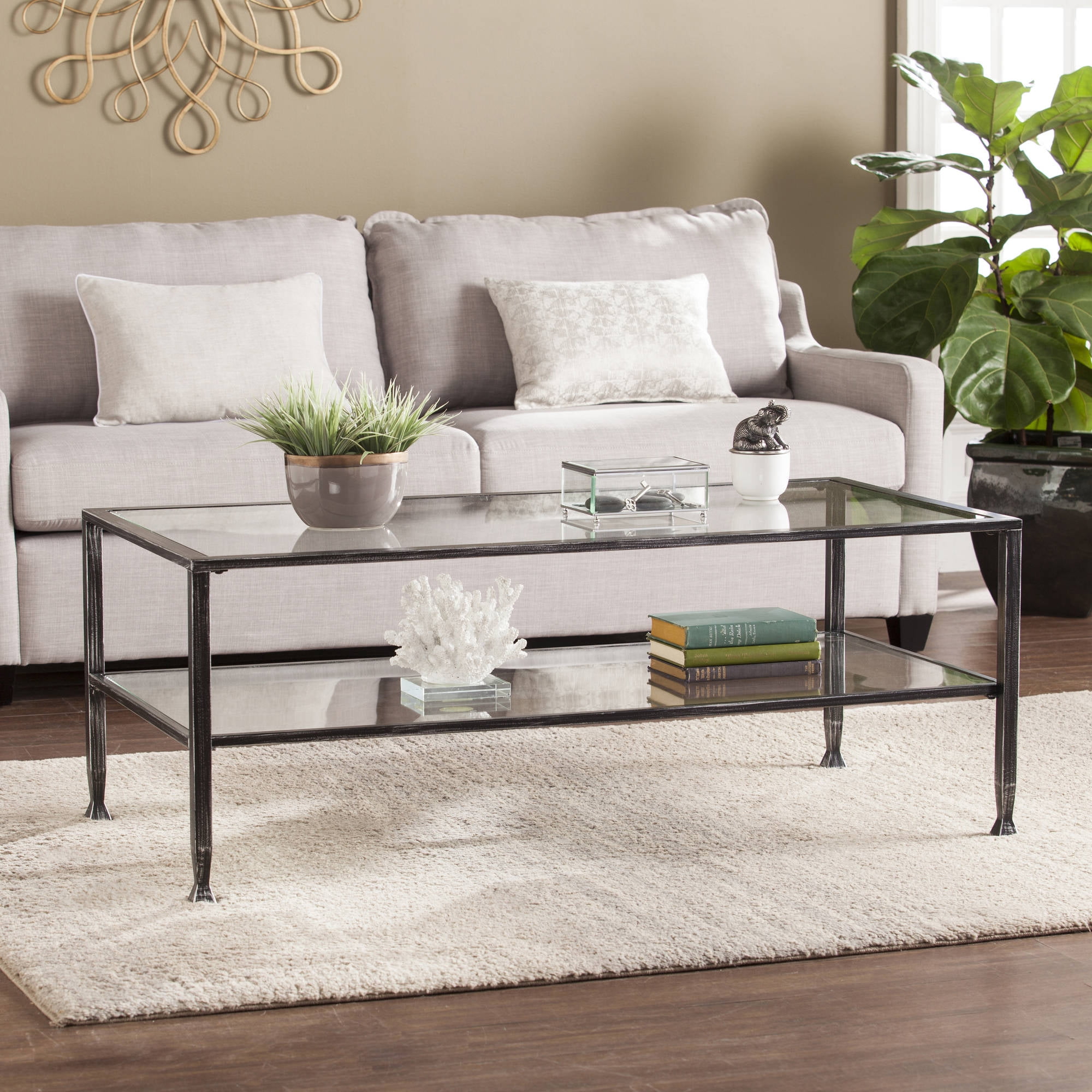 Jumpluff Metal/Glass Rectangular Open Shelf Coffee Table, Distressed