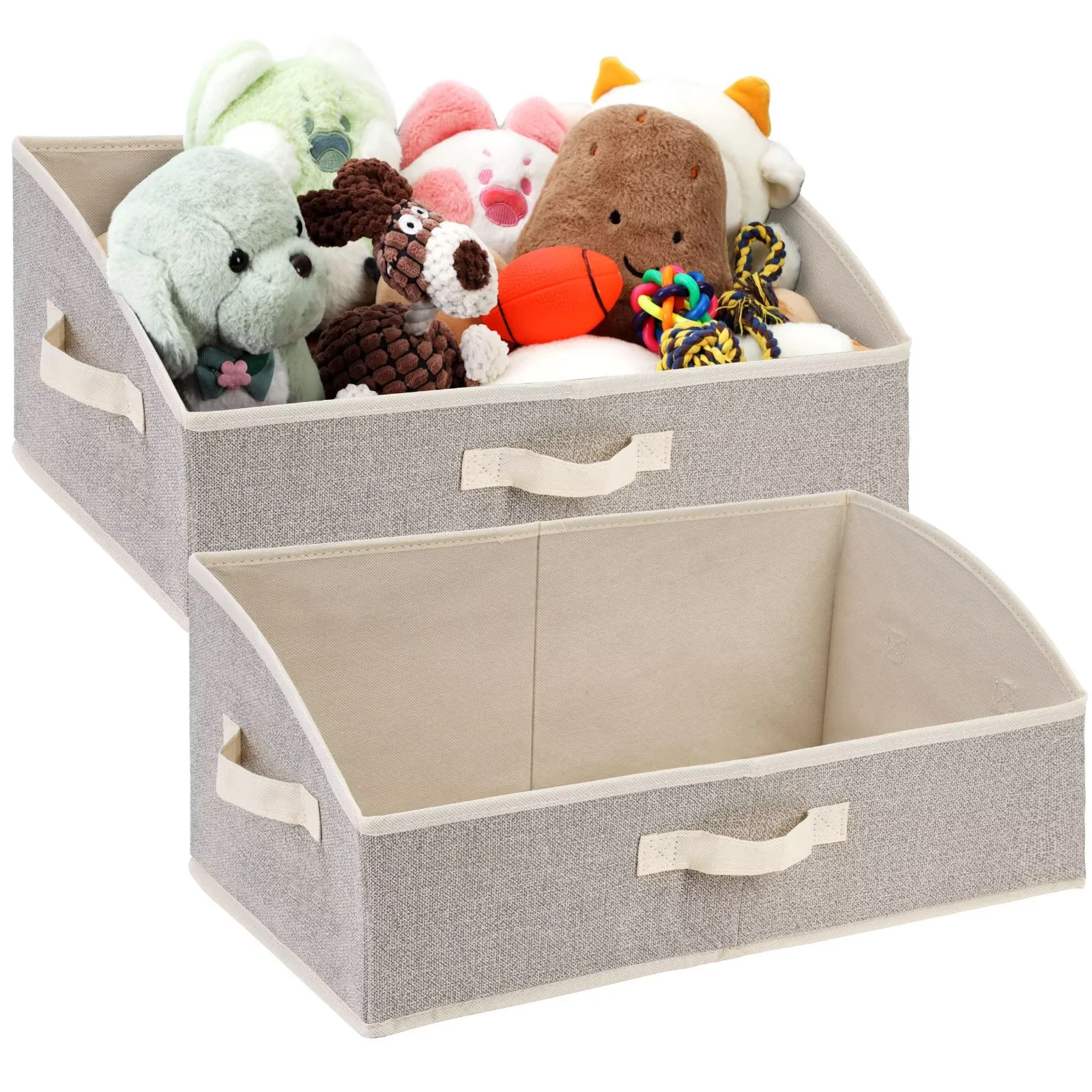 Jumpress 2 Pack Dog Toy Basket, Collapsible Dog Toy Bin with Handle, Fabric Trapezoid Dog Toy Box Storage for Pet Toys,Blankets,Clothes and Accessories (Beige)