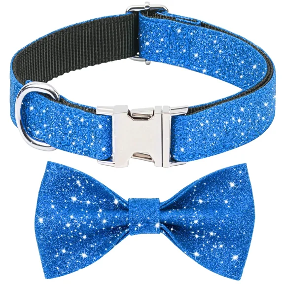 Jumpress Bling Dog Collar with Bow for Small Medium Dogs, Cute Boy Dog Bow Tie Collar (Blue, M)
