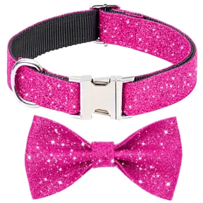 Jumpress Bling Dog Collar with Bow for Small Medium Dogs, Cute Girl Dog Bow Tie Collar (Hot Pink, S)