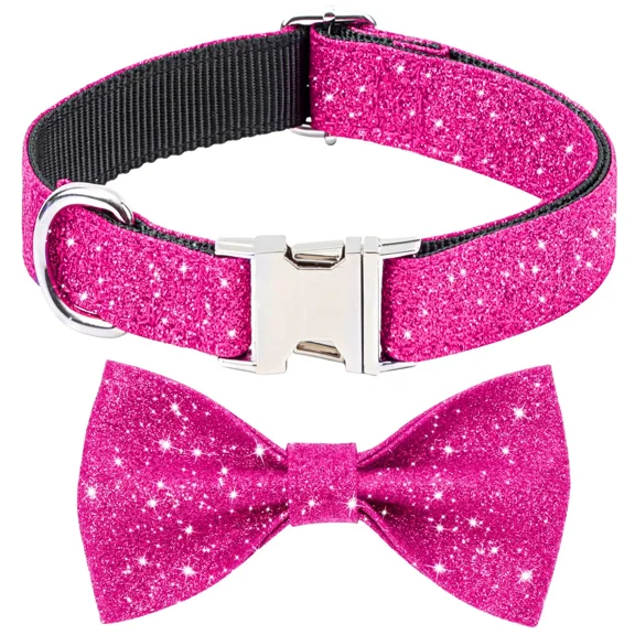 Jumpress Bling Dog Collar with Bow for Small Medium Dogs, Cute Girl Dog Bow Tie Collar (Hot Pink, XS)