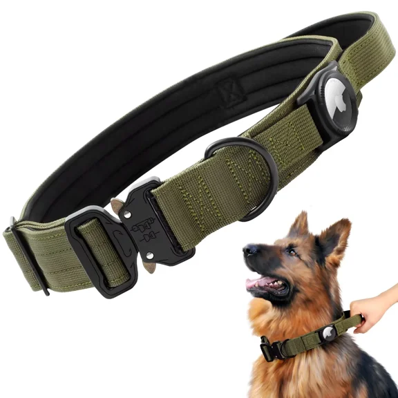 Jumpress Heavy Duty Tactical Dog Collar for Medium Dogs 1.5 Inch Wide, Escape-Proof Airtag Dog Collar with Soft Handle (Armygreen, M)