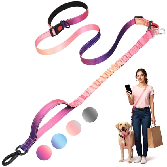 Jumpress Hands Free Dog Leash 4.7-6.5FT, Reflective Shock Absorbing Bungee Dog Leash & Car Seat Belt, Durable for Medium Large Dogs Walking Running (Hot Pink)