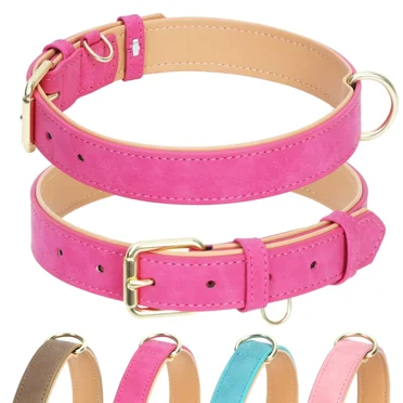 Jumpress Leather Dog Collar for Medium Dogs, Heavy Duty Soft Padded Medium Dogs Collar (Hot Pink, M)
