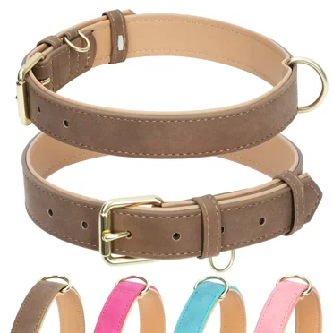 Jumpress Leather Dog Collar for Medium Large Dogs, Heavy Duty Soft Padded Dog Collar (Brown, L)