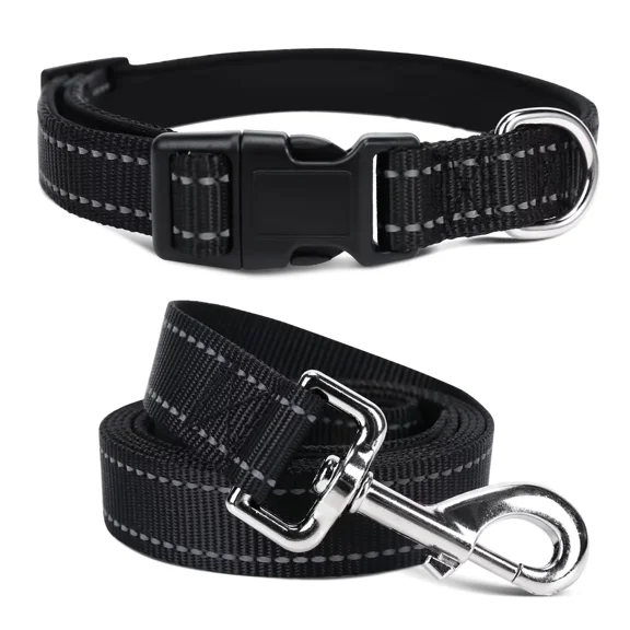 Jumpress Reflective Dog Collar and Leash set, Durable Padded Large Dogs Collar & 5ft Leash, Black,L