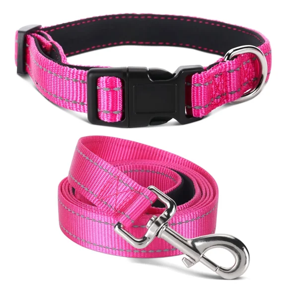 Jumpress Reflective Dog Collar and Leash set,Soft Padded Medium Dog Collar & 5ft Leash, Hot Pink,M