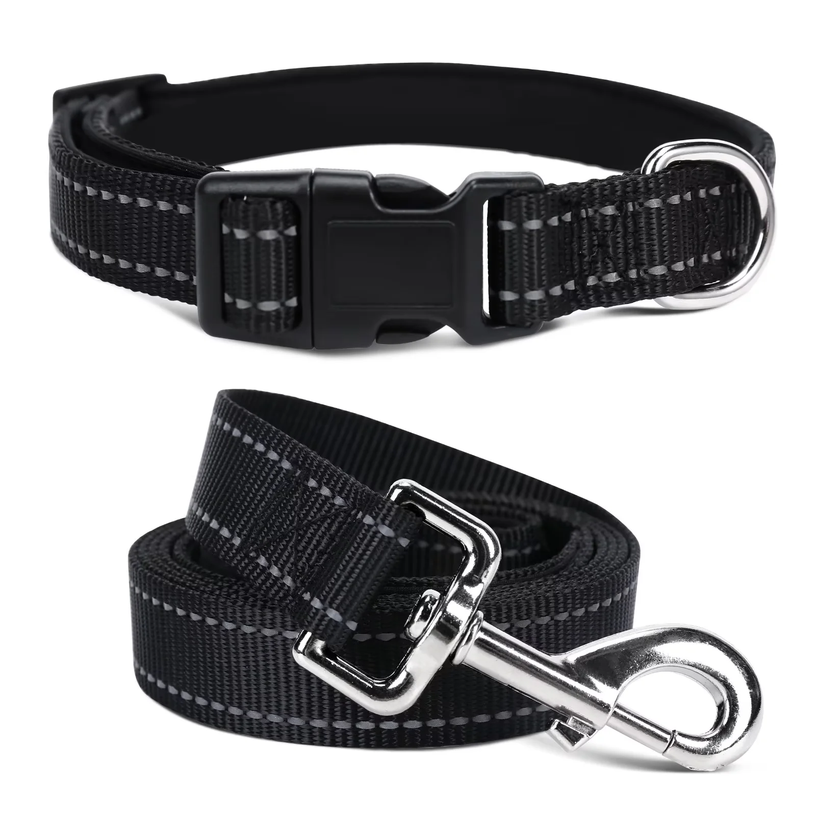 Jumpress Reflective Dog Collar and Leash set, Soft Padded Small Dogs Collar and 5ft Leash, Black,S