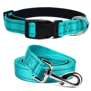 Jumpress Reflective Dog Collar and Leash set, Soft Padded Small Dogs Collar and 5ft Leash, Teal,S